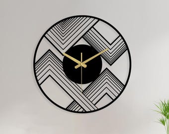Reloj de pared de metal con diseño de chevron, estilo industrial, negro, silencioso, hecho a mano, decoración contemporánea.