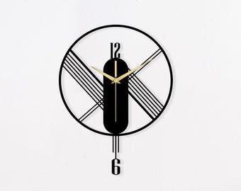 Reloj de pared vertical moderno de metal, minimalista, negro y dorado, silencioso, hecho a mano, contemporáneo, para decorar el hogar.