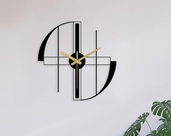 Reloj de pared grande de metal moderno, relojes negros inusuales para sala de estar, decoración del hogar con arte lineal
