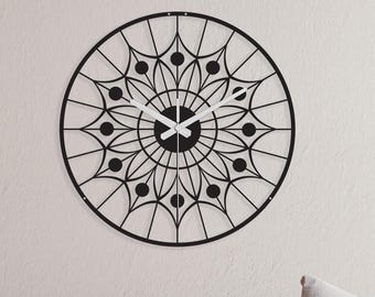Reloj de pared de metal estilo mandala, intrincado, negro, silencioso, hecho a mano, estilo artístico para decoración moderna del hogar.