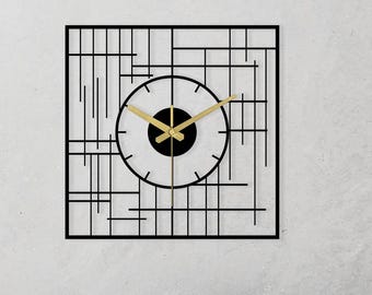 Square Geometric Metal Wall Clock, Modern Abstract Black Gold Silent Handmade Design, Contemporary Living Room Office Home Decor Gift