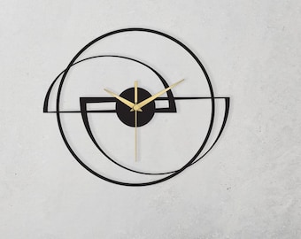 Reloj de pared de metal abstracto moderno, diseño geométrico circular en oro negro, silencioso, hecho a mano, decoración minimalista contemporánea para sala de estar y oficina.