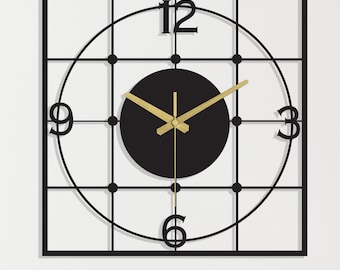 Square Grid Metal Wall Clock, Modern Black Gold Silent Handmade Geometric Home Decor