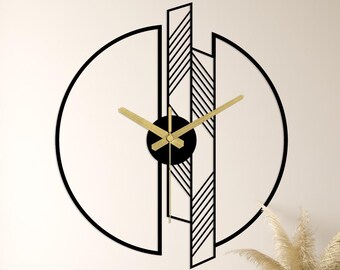 Reloj de pared de metal abstracto moderno, diseño geométrico minimalista en oro negro, silencioso, hecho a mano, contemporáneo, para decoración de pared de oficina en casa, regalo