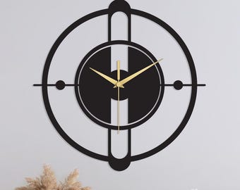 Reloj de pared de metal moderno, decoración artística silenciosa, reloj minimalista grande, reloj geométrico de metal negro, manecillas doradas, diseño hecho a mano, regalos originales.