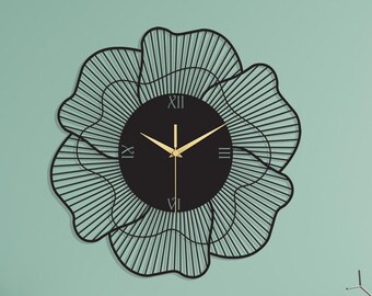 Reloj de pared de metal floral, elegante, silencioso, hecho a mano, en oro negro, decoración artística moderna para el hogar.