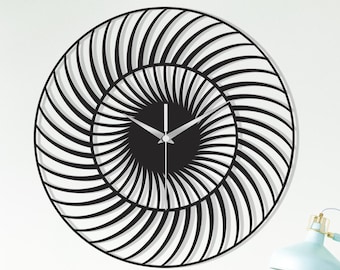 Reloj de pared de metal con espiral hipnótico, negro óptico, silencioso, hecho a mano, moderno, con acento interior.