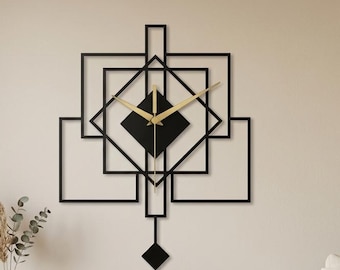 Modern Black Metal Pendulum Wall Clock, Geometric Art Deco Design, Silent Movement