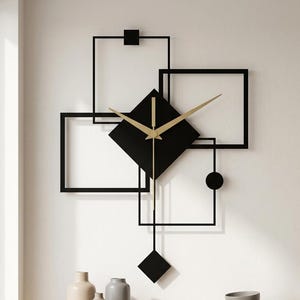 Relógio de parede geométrico com pêndulo: aço preto com efeito 3D, decoração moderna estilo loft.