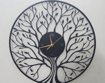 Reloj de pared de metal con diseño del árbol de la vida, inspirado en la naturaleza, negro, silencioso, hecho a mano, decoración bohemia.