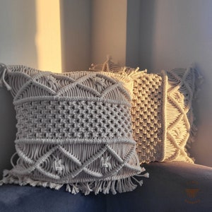 Kussensloop macramé knoop: boho kussen met kwastje, 16 x 16 woonkamerdecoratie (set van 2)
