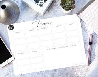 Pode incluir: Um planificador de revisão semanal imprimível com um design simples. O planificador inclui um espaço para cada dia da semana, uma seção de notas e o texto "Revisão".