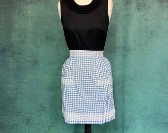 Vintage Hostess Apron Gingham blue and white with smocking