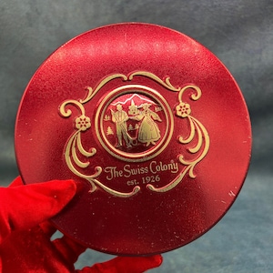 Vintage Swiss Colony Tin: Round Red Butter Toffee Container