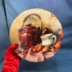 Vintage  Round Tin Tea Pot with Strawberries