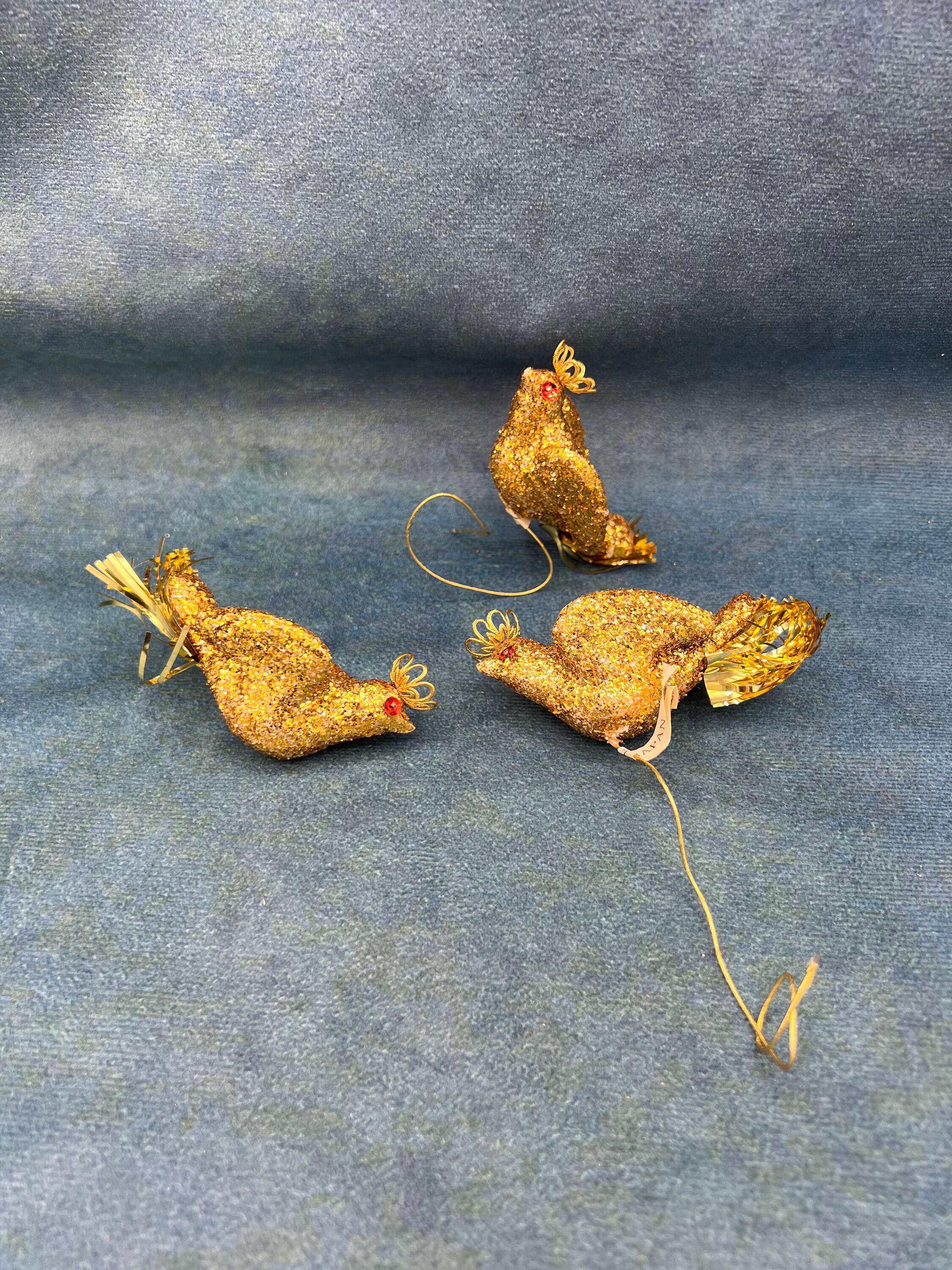イギリス ヴィンテージ クリスタル調ガラスベル 小鳥 バード Vintage Christmas Gold Glitter Birds Made in Japan Set of 3