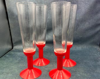 Vintage Bodum Champagne Flutes: Red Plastic Base, Set of 4