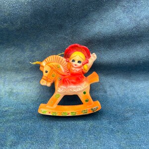 Vintage Christmas Ornament Girl on Rocking Horse Plastic Made in Japan