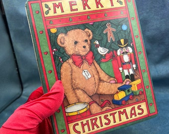Vintage Tin Christmas Teddy Bear and Nutcracker Made in Hong Kong The Tinsmith's Craft Free Shipping