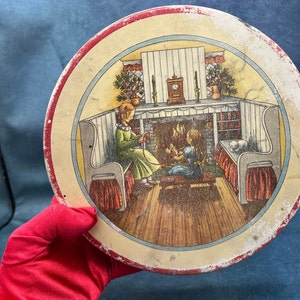 Vintage Sisters Knitting Tin: Fireplace Scene, Worn Condition