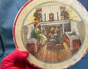 Vintage Tin Sisters Knitting by the Fire Scene Very Old and Worn Free Shipping