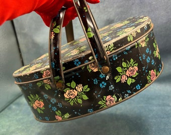 Vintage Tin Basket Lunchbox Handles Black with Floral Design