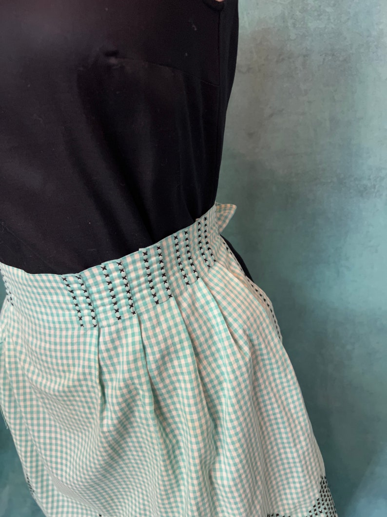 Vintage Aqua Green Gingham Cross Stitched Embroidered Apron Home Sewn Vintage Aqua Green Gingham Cross Stitched Embroidered Apron Home Sewn