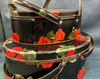 Vintage Tins Handled Lunchbox Tin Black with Roses Two Sizes Free Shipping Price is for both