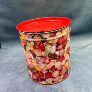 Vintage Peerless Candy Tin: Assorted Hard Candies Graphic, Red Lid