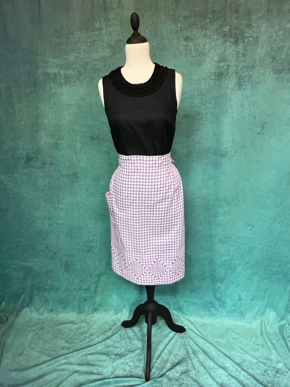 Vintage Purple Gingham Apron with Cross Stitch Embroidery