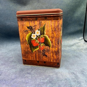 Vintage Tin Strawberry Rectangle Tin Brown with Strawberries and Flowers Free Shipping