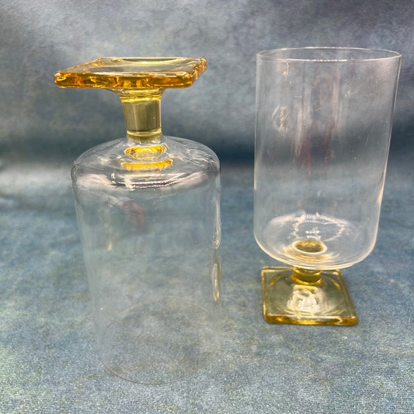 Unique Vintage Glasses MCM Clear with Yellow Pedestal Base Federal Glass