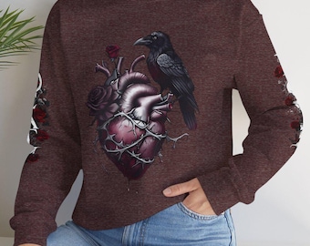 Gothic Sweatshirt Dark Love Valentine Poem Edgar Allen Poe Tribute Raven Crow Bleeding Heart Death Thorn Hoodie, Unisex Gift Men Woman