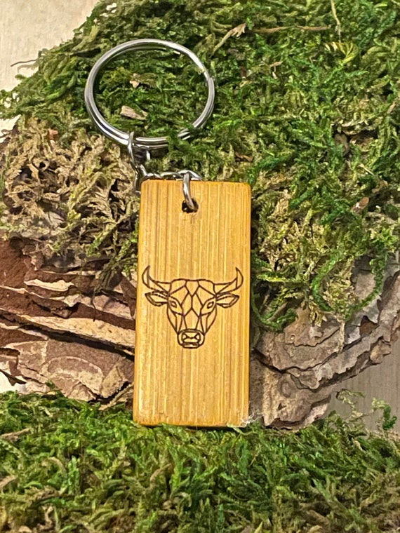 Bull Keychain Custom Wood Engraved Keychain Geometric Bull Etsy