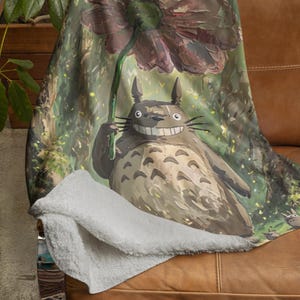 Sherpa Blanket, Totoro Anime Manga Studio Ghibli Inspired Decor, Whimsical Forest Impasto Painting, Giant Flower Design, Gift for Anime