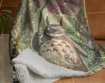 Sherpa Blanket, Totoro Anime Manga Studio Ghibli Inspired Decor, Whimsical Forest Impasto Painting, Giant Flower Design, Gift for Anime