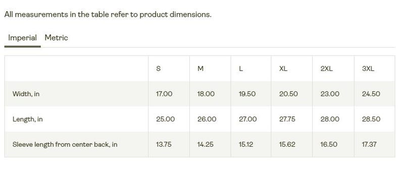 May include: Size chart showing width, length, and sleeve length measurements in inches for sizes S through 3XL.