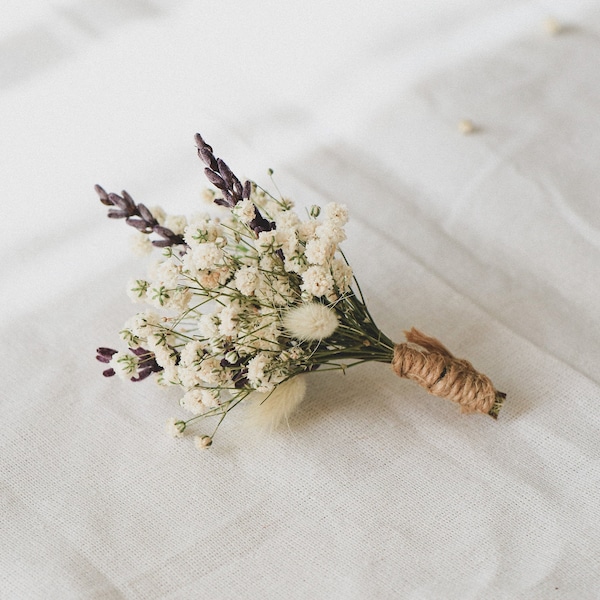 Dried Flower Boutonniere, Rustic Floral Buttonhole, Baby's Breath Boutonniere, Lavender Bunny Tail Boutonniere, Groom & Groomsmen