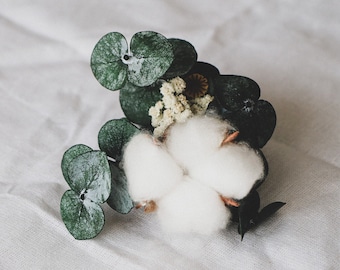 Cotton Boutonniere, Cotton Buttonhole, Dried Flower Boutonniere, Rustic Floral Buttonhole, Preserved Eucalyptus, Boho Boutonniere, Groom