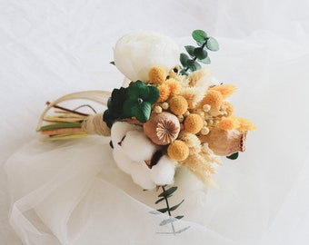 Boho Bridal Bouquet, Wedding Bouquet, Eucalyptus Craspedia Bouquet, Rustic Bouquet, Boho Bouquet, White Peony Bouquet, Cotton Bouquet