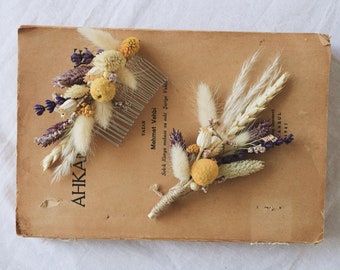 Set of Dried Flower Boutonniere and Hair Comb, Bridal Hair Comb, Boho Boutonniere, Rustic Boutonniere, Craspedia Lavender Hair Comb