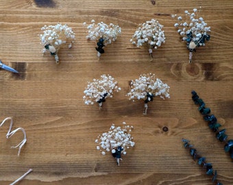 Set of 7 Dried Flower Buttonholes | Rustic Floral Boutonnieres | Boho Wedding | Baby's Breath Boutonniere | Eucalyptus | Bunny Tail