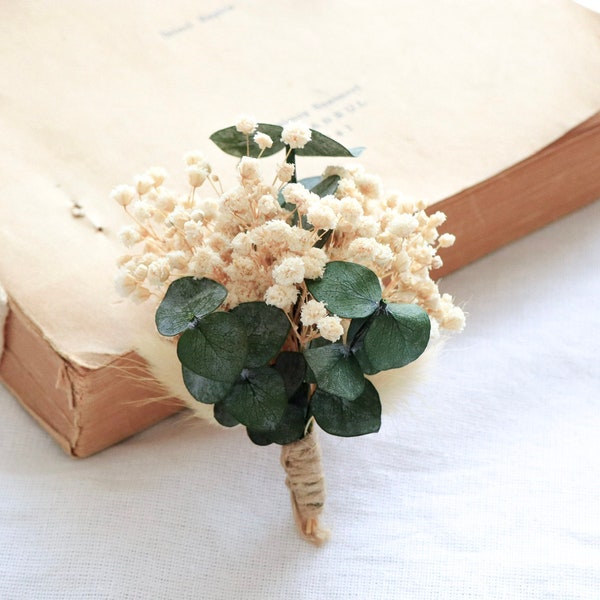 Dried Flower Boutonniere, Rustic Boutonniere, Baby's Breath Boutonniere, Eucalyptus Bunny Tail Boutonniere, Groom, Boho Boutonniere