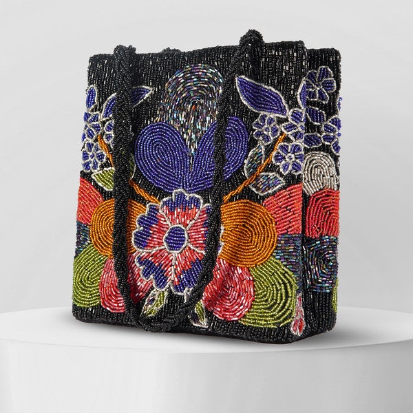 Elegante schwarze Partytasche, handgefertigte doppelseitige Perlenhandtasche – ideale Geldbörse für Bräute und Brautjungfern, Boho-Thema, mit Liebe gefertigt