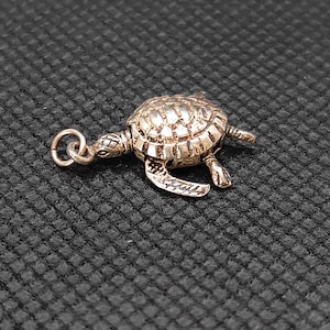 Könnte beinhalten: Ein kleiner, detaillierter Schildkrötenanhänger mit strukturiertem Panzer und winzigen Beinen. Der Anhänger ist aus glänzendem, silberfarbenem Metall gefertigt und hat eine kleine Schlaufe zum Befestigen an einer Halskette oder einem Armband. Die Schildkröte ist ein Symbol für Langlebigkeit.