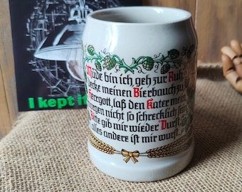 Vintage ceramic Beer stein by WS Qualitat decorated with words of prayer for no hangover, Made in the 80's in Germany, Hop and Barley, 0.5l