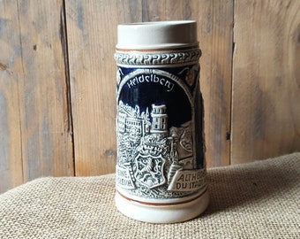 Vintage Heidelberg Beer Stein de Alemania, azul cobalto y taza de cerveza de cerámica brillante, Bierkrug de 1/2 litro