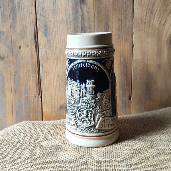 Vintage Heidelberger Bierkrug aus Deutschland, Kobaltblauer und heller Keramik Bierkrug, 1/2 Liter Bierkrug