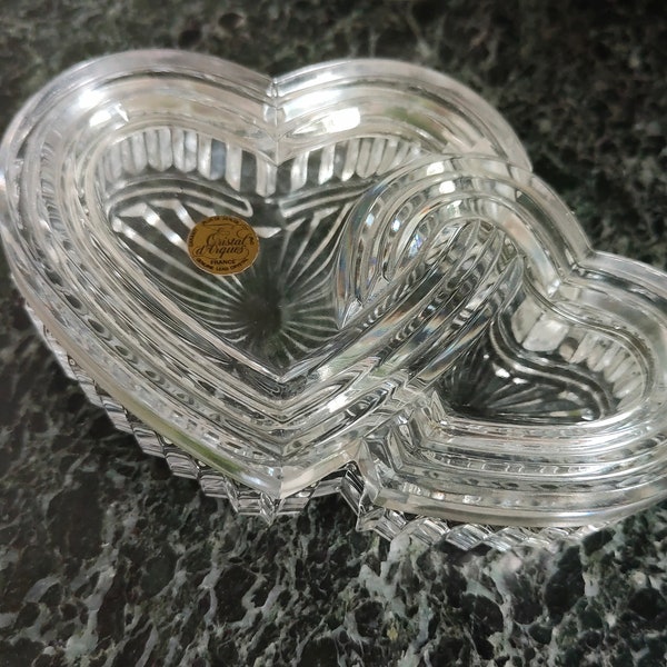 Belle boîte à bijoux en verre cristal - Deux Coeurs de Cristal D'Arques-Durand de France, Verre Rétro avec Autocollant, Inspiré de l'Amour, Romantique