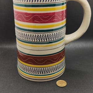 Chope à bière Marzi & Remy vintage 1 litre | à rayures allemandes en grès | Accessoires de bar en céramique rétro | Poterie ouest-allemande du milieu du siècle